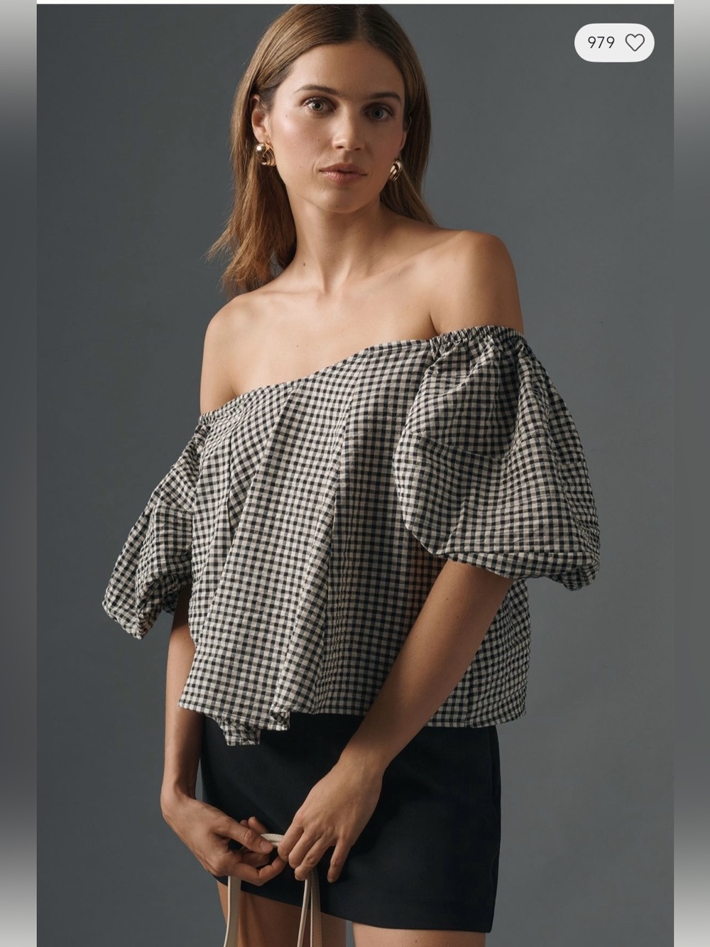 Off-Shoulder Gingham Puff-Sleeve Top in Black and White - Picture 1 of 5